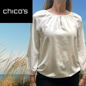 - Chico’s Ivory Keyhole Elastic Hem Blouse SZ S! EUC!